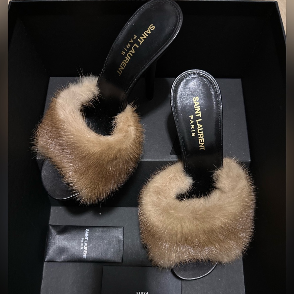 Saint Laurent Brand New YSL
La 16 Heeled Mules Animal Free-fur & Smooth Leather